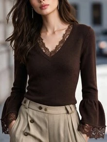 SHEIN Vintage Brown Lace V-Neck Bell Sleeve Knit Sweater Top For Women - Brown - View 3