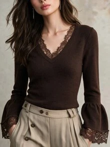 SHEIN Vintage Brown Lace V-Neck Bell Sleeve Knit Sweater Top For Women - Brown - View 7