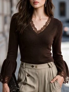 SHEIN Vintage Brown Lace V-Neck Bell Sleeve Knit Sweater Top For Women - Brown - View 5