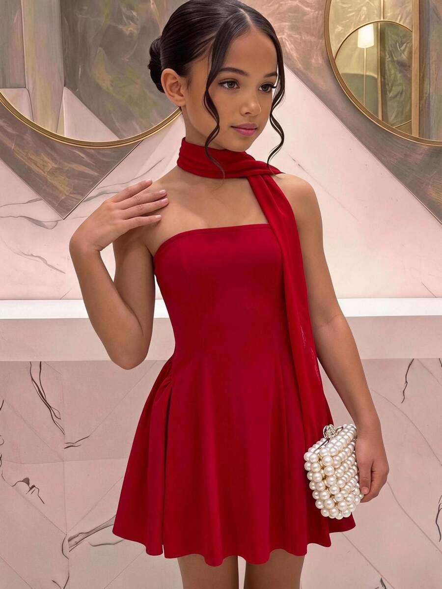 SHEIN Tween Girl Red Princess Kids Dress With , Suitable For New Year Party, Birthday Party, Valentine's Day, Halloween, Christmas, Wedding, Daily Wear - Red - View 1