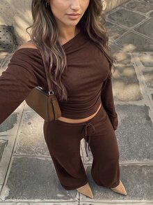 Cévolie Fall Casual Solid Color Asymmetric Collar Top And Pants 2 Pieces Set Homewear Everyday Coffee Brown - Coffee Brown - View 2