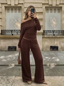 Cévolie Fall Casual Solid Color Asymmetric Collar Top And Pants 2 Pieces Set Homewear Everyday Coffee Brown - Coffee Brown - View 1