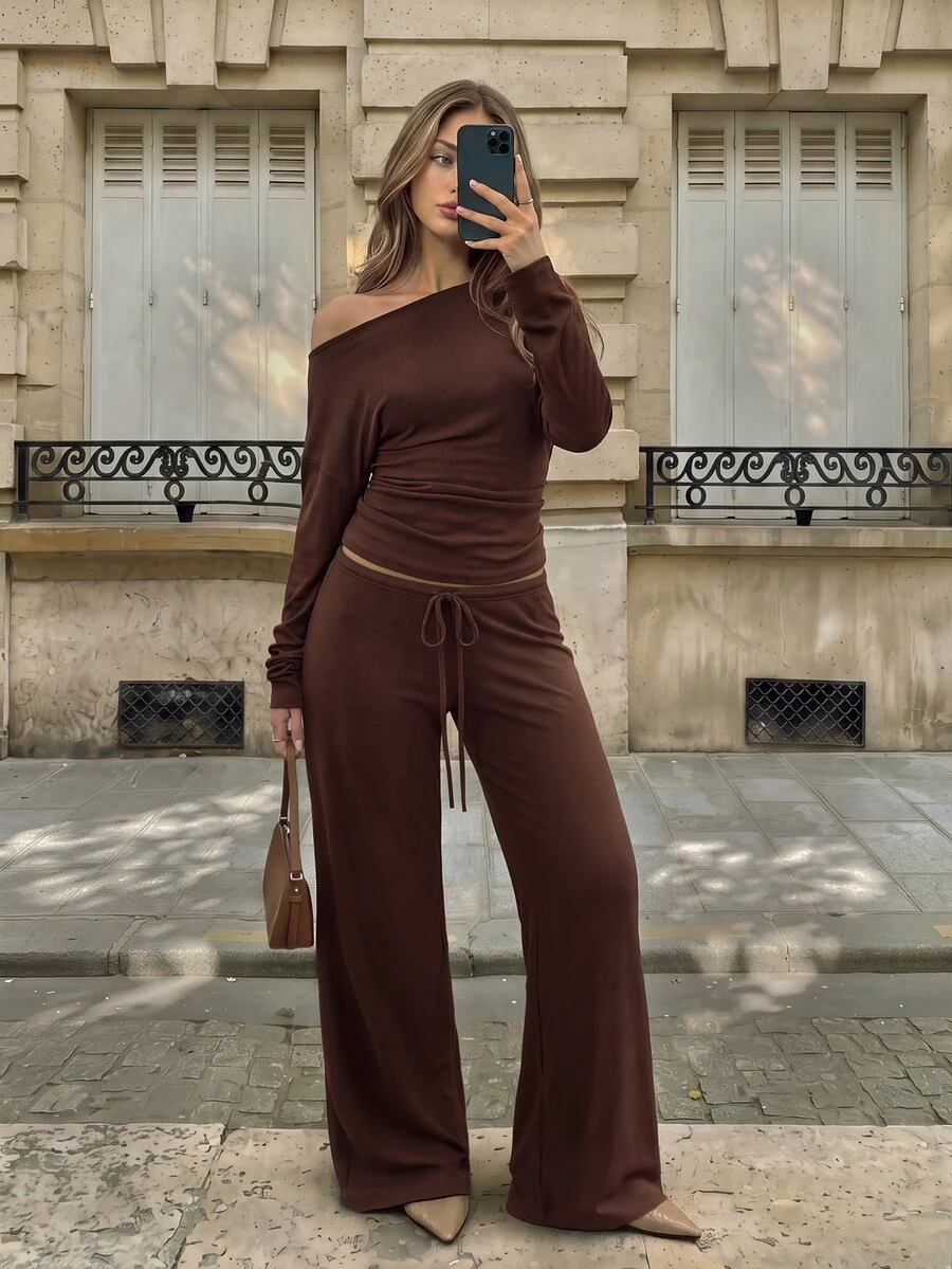 Cévolie Fall Casual Solid Color Asymmetric Collar Top And Pants 2 Pieces Set Homewear Everyday Coffee Brown - Coffee Brown - View 1