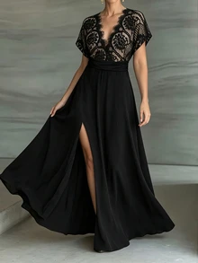 Weeklong Plus Size Women's Spring Summer Lace Patchwork Contrast Color Waist-Cinched A-Line Casual Vacation Dress Elegant - Black - View 4