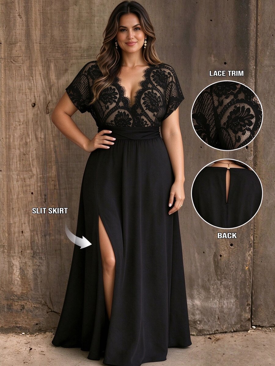 Weeklong Plus Size Women's Spring Summer Lace Patchwork Contrast Color Waist-Cinched A-Line Casual Vacation Dress Elegant - Black - View 1