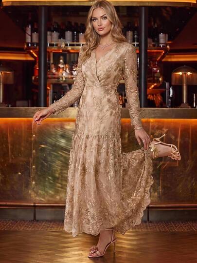 Amorya Women's V-Neck Floral Print Casual Elegant Party Formal Dinner Cocktail Dress Beige Fall Christmas