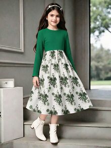SHEIN 返校季大女孩綠色花卉印花長袖圓領高腰A字洋裝 派對家庭套裝 秋季優雅可愛休閒聖誕風 - 綠色 - 查看 8