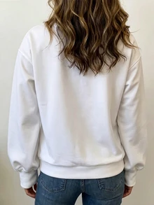 SHEIN 女款秋冬新款極簡純色小V領長袖衛衣，寬鬆顯瘦遮身百搭通勤休閒極簡百搭，適合日常通勤休閒穿著 - 白色 - 查看 7