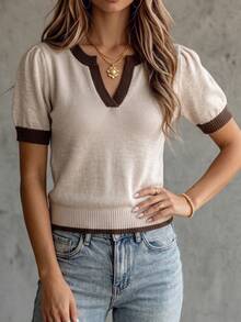 SHEIN Casual Loose V-Neck Short Sleeve Knit Top With Contrast Trim Design, Khaki Color, Spring/Summer,Autumn,Back To School - Khaki - View 5
