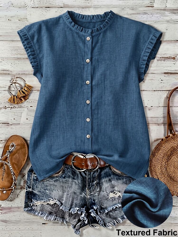 SHEIN Women's Spring/Summer Frill Trim Round Neck Single-Breasted Sleeveless Blouse, Loose Boho Casual Style For Commuting Vacation Afternoon Tea Dusty Blue - Blue - View 2