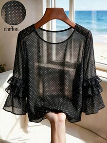 SHEIN Women Polka Dot Sheer Blouse, Round Neck Layered Ruffle Flare Long Sleeve SemiSeeThrough Mesh Top, Casual Daily Wear - Black - View 2