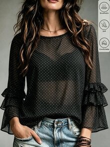 SHEIN Women Polka Dot Sheer Blouse, Round Neck Layered Ruffle Flare Long Sleeve SemiSeeThrough Mesh Top, Casual Daily Wear - Black - View 4
