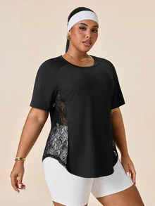 SHEIN Rhythm Era Plus Size Women's Back Contrast Lace Raglan Short Sleeve Sports T-Shirt - Black - View 3