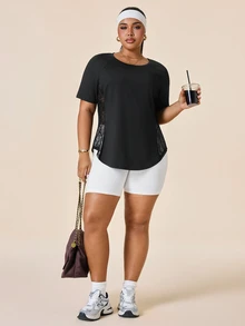 SHEIN Rhythm Era Plus Size Women's Back Contrast Lace Raglan Short Sleeve Sports T-Shirt - Black - View 7