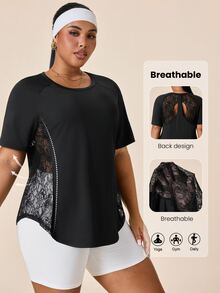 SHEIN Rhythm Era Plus Size Women's Back Contrast Lace Raglan Short Sleeve Sports T-Shirt - Black - View 2