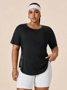 SHEIN Rhythm Era Plus Size Women's Back Contrast Lace Raglan Short Sleeve Sports T-Shirt - Black - View 5