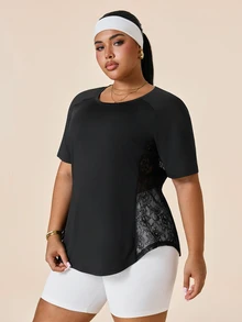 SHEIN Rhythm Era Plus Size Women's Back Contrast Lace Raglan Short Sleeve Sports T-Shirt - Black - View 6