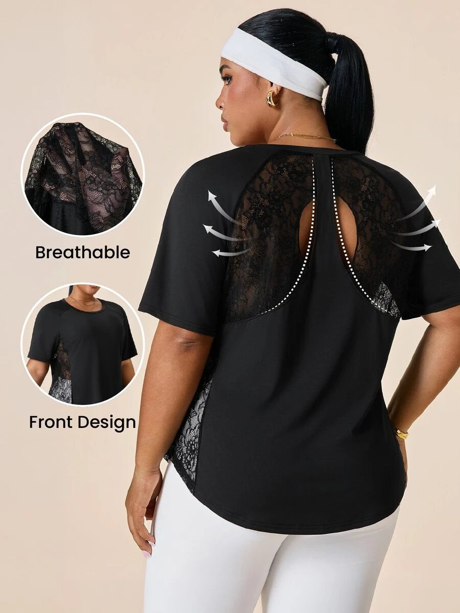SHEIN Rhythm Era Plus Size Women's Back Contrast Lace Raglan Short Sleeve Sports T-Shirt - Black - View 1