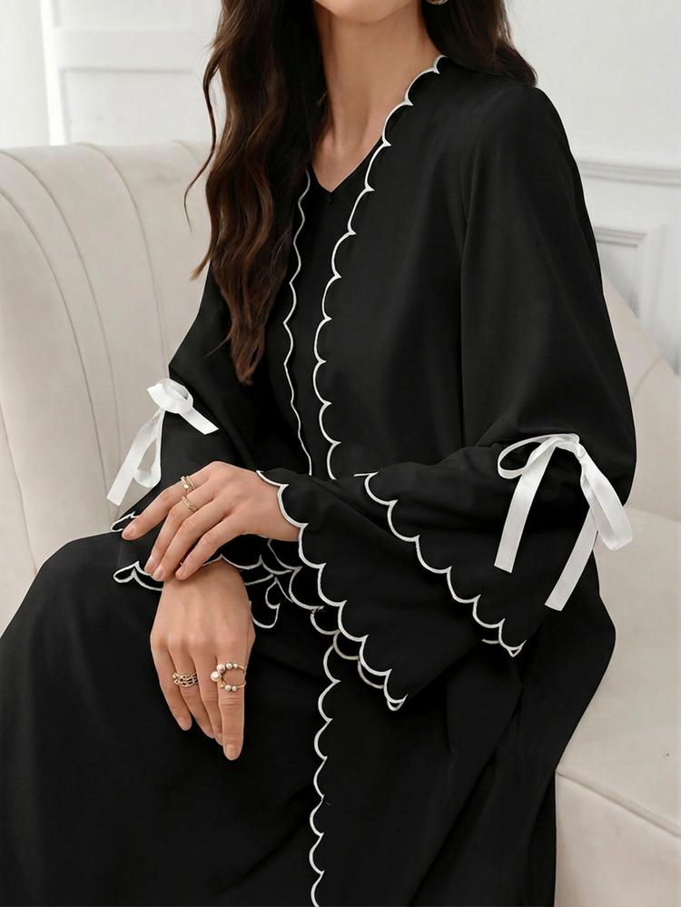 Al Najma Women's Elegant Color-Block Shell Edge Bow Decor Front Opening Abaya - Black and White - View 7