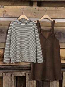 Rusticease Plus Size Brown Ribbed Button Hooded Long Sleeve Two Pieces Set Elegant Formal Fall Winter 2026 - Brown - View 7