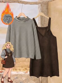 Rusticease Plus Size Brown Ribbed Button Hooded Long Sleeve Two Pieces Set Elegant Formal Fall Winter 2026 - Brown - View 1