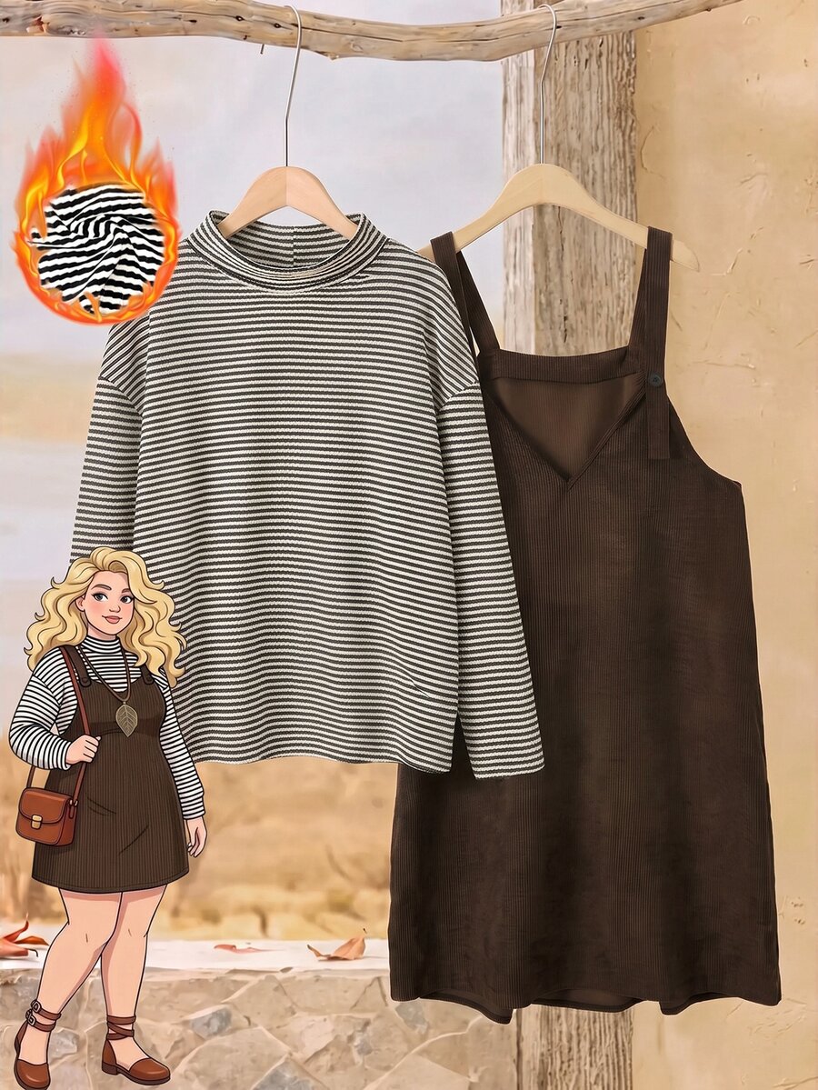 Rusticease Plus Size Brown Ribbed Button Hooded Long Sleeve Two Pieces Set Elegant Formal Fall Winter 2026 - Brown - View 1