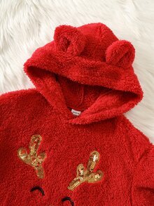 SHEIN Young Boy Young Boy Autumn/Winter Plush Fleece Lined Thick Red Sweatshirt With Cartoon Reindeer And Sequins Sequin Pattern, Long Sleeve Pullover Hoodies Suitable For Christmas - Red - View 4