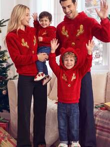 SHEIN Young Boy Young Boy Autumn/Winter Plush Fleece Lined Thick Red Sweatshirt With Cartoon Reindeer And Sequins Sequin Pattern, Long Sleeve Pullover Hoodies Suitable For Christmas - Red - View 1