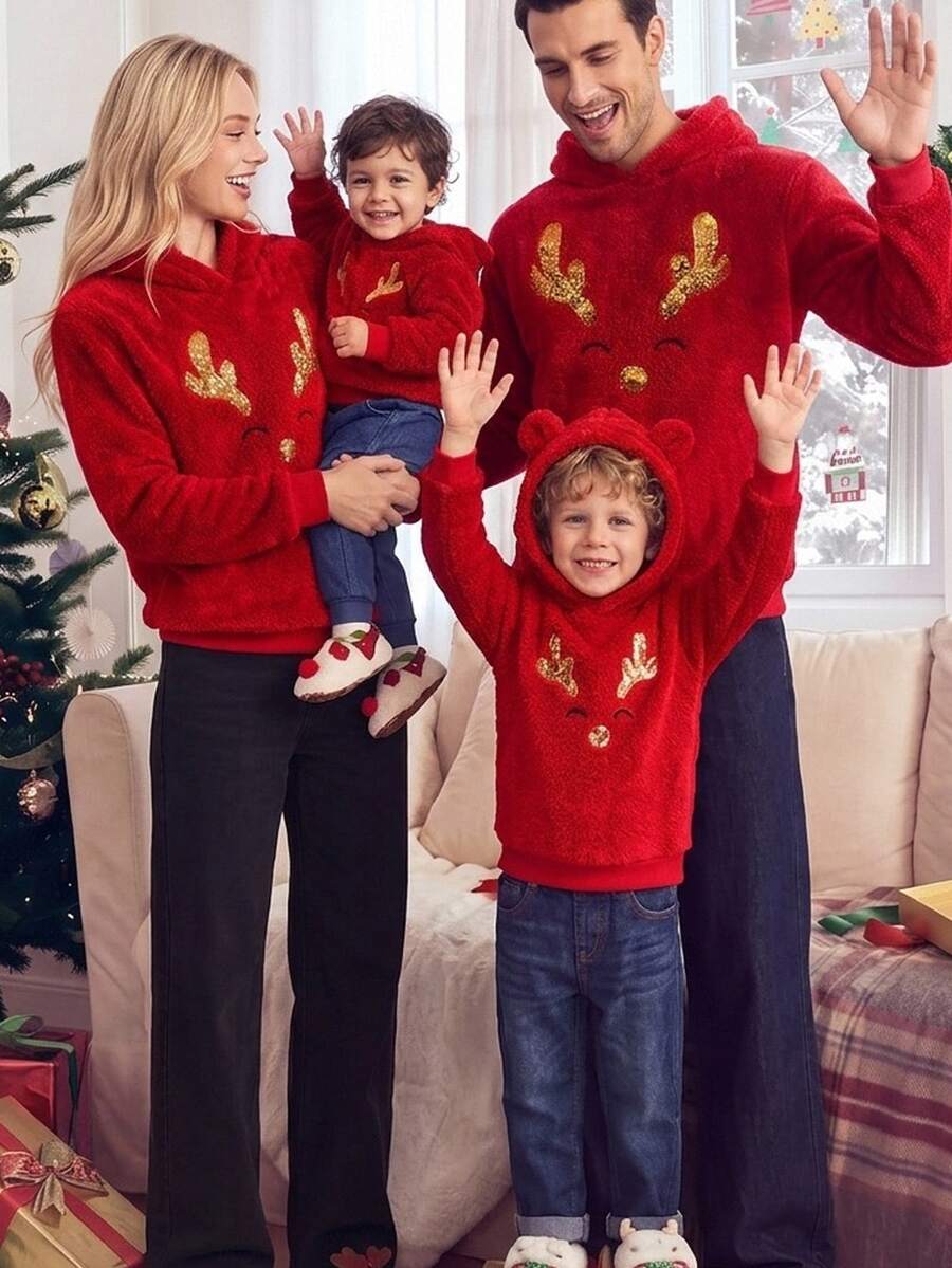 SHEIN Young Boy Young Boy Autumn/Winter Plush Fleece Lined Thick Red Sweatshirt With Cartoon Reindeer And Sequins Sequin Pattern, Long Sleeve Pullover Hoodies Suitable For Christmas - Red - View 1
