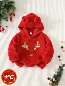 SHEIN Young Boy Young Boy Autumn/Winter Plush Fleece Lined Thick Red Sweatshirt With Cartoon Reindeer And Sequins Sequin Pattern, Long Sleeve Pullover Hoodies Suitable For Christmas - Red - View 8