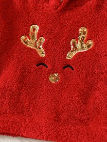 SHEIN Young Boy Young Boy Autumn/Winter Plush Fleece Lined Thick Red Sweatshirt With Cartoon Reindeer And Sequins Sequin Pattern, Long Sleeve Pullover Hoodies Suitable For Christmas - Red - View 5