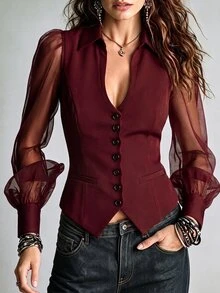 Glimmora Sexy Sheer Mesh Petal Sleeve Waist-Cinched V-Neck Slimming Blouse - Burgundy - View 7