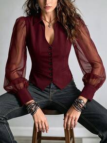 Glimmora Sexy Sheer Mesh Petal Sleeve Waist-Cinched V-Neck Slimming Blouse - Burgundy - View 6