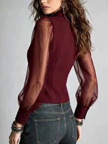 Glimmora Sexy Sheer Mesh Petal Sleeve Waist-Cinched V-Neck Slimming Blouse - Burgundy - View 2