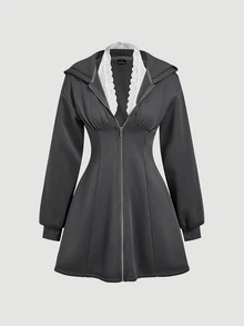 SHEIN MOD 女款 2 合 1 繫帶領蕾絲收腰長袖衛衣，拉鍊連帽外套，休閒風，開學季、畢業季適用 - 灰色 - 查看 3