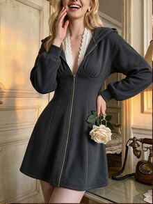 SHEIN MOD 女款 2 合 1 繫帶領蕾絲收腰長袖衛衣，拉鍊連帽外套，休閒風，開學季、畢業季適用 - 灰色 - 查看 8