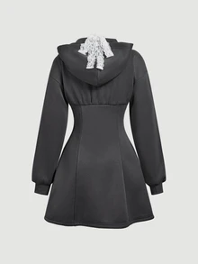 SHEIN MOD 女款 2 合 1 繫帶領蕾絲收腰長袖衛衣，拉鍊連帽外套，休閒風，開學季、畢業季適用 - 灰色 - 查看 7