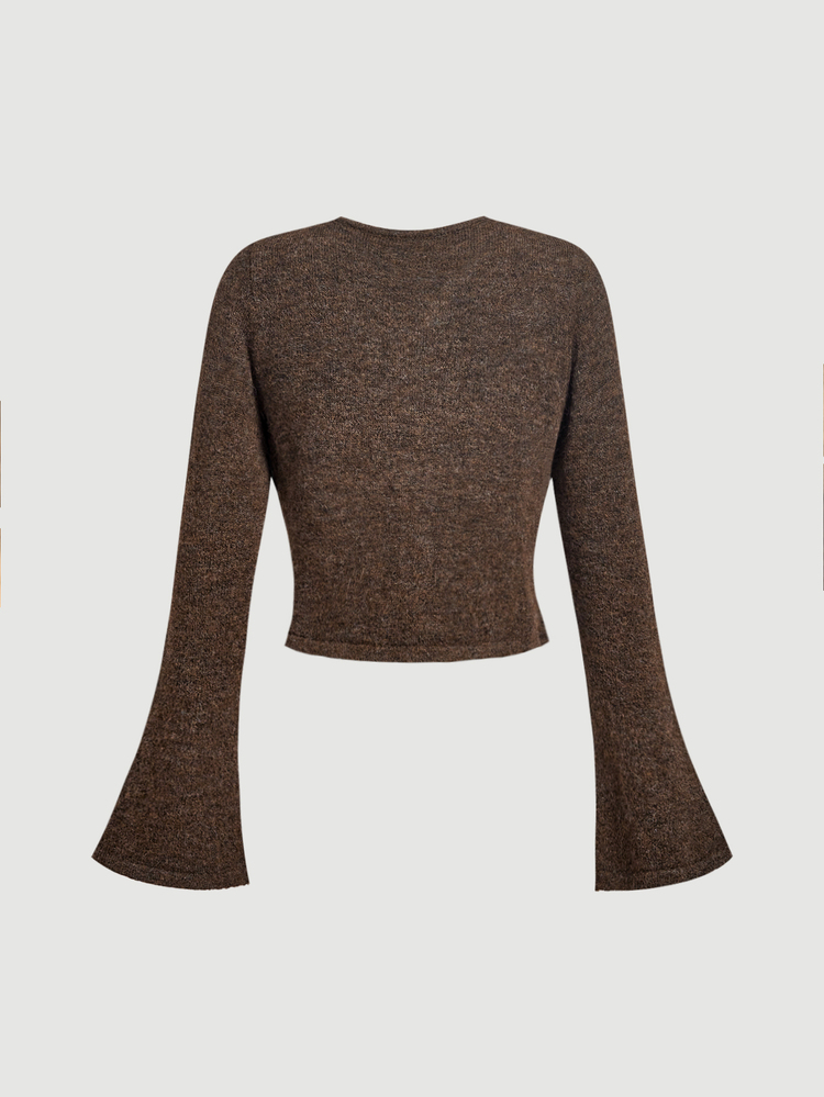Skyraze Women's Butterfly Applique Casual Fairy Cottagecore Fairycore Bell Sleeve Cardigan, Brown Checkered Design Cropped Top For Brunch Picnic Fall - Brown - View 6