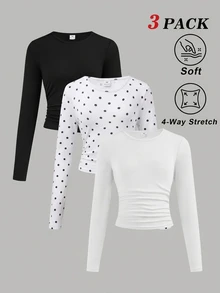 SHEIN Tween Girl Slim Fit Casual Knitted Round Neck Ruched Long Sleeve T-Shirt 3pcs Set Kids - Multicolor - View 3