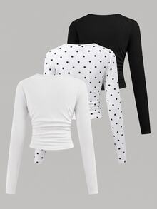 SHEIN Tween Girl Slim Fit Casual Knitted Round Neck Ruched Long Sleeve T-Shirt 3pcs Set Kids - Multicolor - View 2