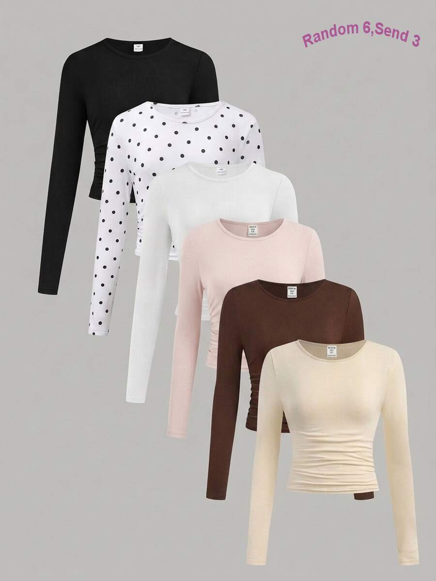 SHEIN Tween Girl Slim Fit Casual Knitted Round Neck Ruched Long Sleeve T-Shirt 3pcs Set Kids - Multicolor - View 1