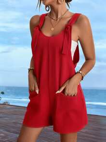 Sylviya Women Fashion Red Tie Knot Strap Square Neck Wide Leg Shorts Loose Fit Romper Jumpsuit With Pockets - Red - View 5