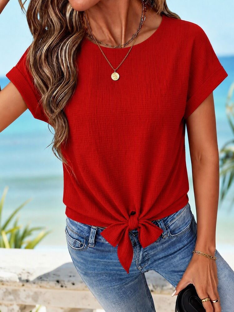 Sylviya Women's Casual Holiday Summer Textured Hem Tie Front Red Vacation Beach Brunch Vacation Top - Red - View 3