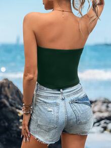 Sylviya Women Solid Color Dark Green Spaghetti Strap Tight Casual Basic Tube Top, Versatile For Summer,Vacation Beach - Dark Green - View 2