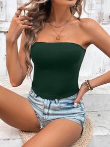 Sylviya Women Solid Color Dark Green Spaghetti Strap Tight Casual Basic Tube Top, Versatile For Summer,Vacation Beach - Dark Green - View 8
