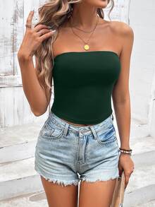 Sylviya Women Solid Color Dark Green Spaghetti Strap Tight Casual Basic Tube Top, Versatile For Summer,Vacation Beach - Dark Green - View 5