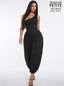 SHEIN PETITE Women's Asymmetrical Solid Color Sleeveless Jumpsuit Suitable For Commuting, Dating, Vacation, Party, Daily Wear, Gathering, Outdoor Activities - Black - View 8