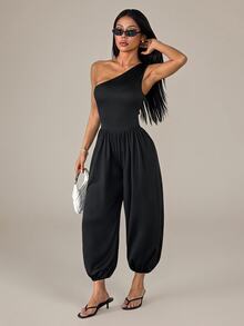 SHEIN PETITE Women's Asymmetrical Solid Color Sleeveless Jumpsuit Suitable For Commuting, Dating, Vacation, Party, Daily Wear, Gathering, Outdoor Activities - Black - View 3