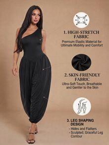 SHEIN PETITE Women's Asymmetrical Solid Color Sleeveless Jumpsuit Suitable For Commuting, Dating, Vacation, Party, Daily Wear, Gathering, Outdoor Activities - Black - View 1