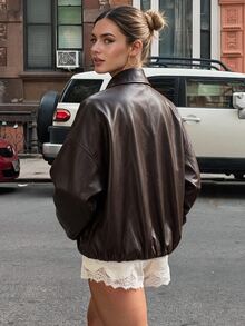 Avenya Drop Shoulder Zip Up Buckle Belt Cinched Waist PU Leather Coat - Brown - View 3